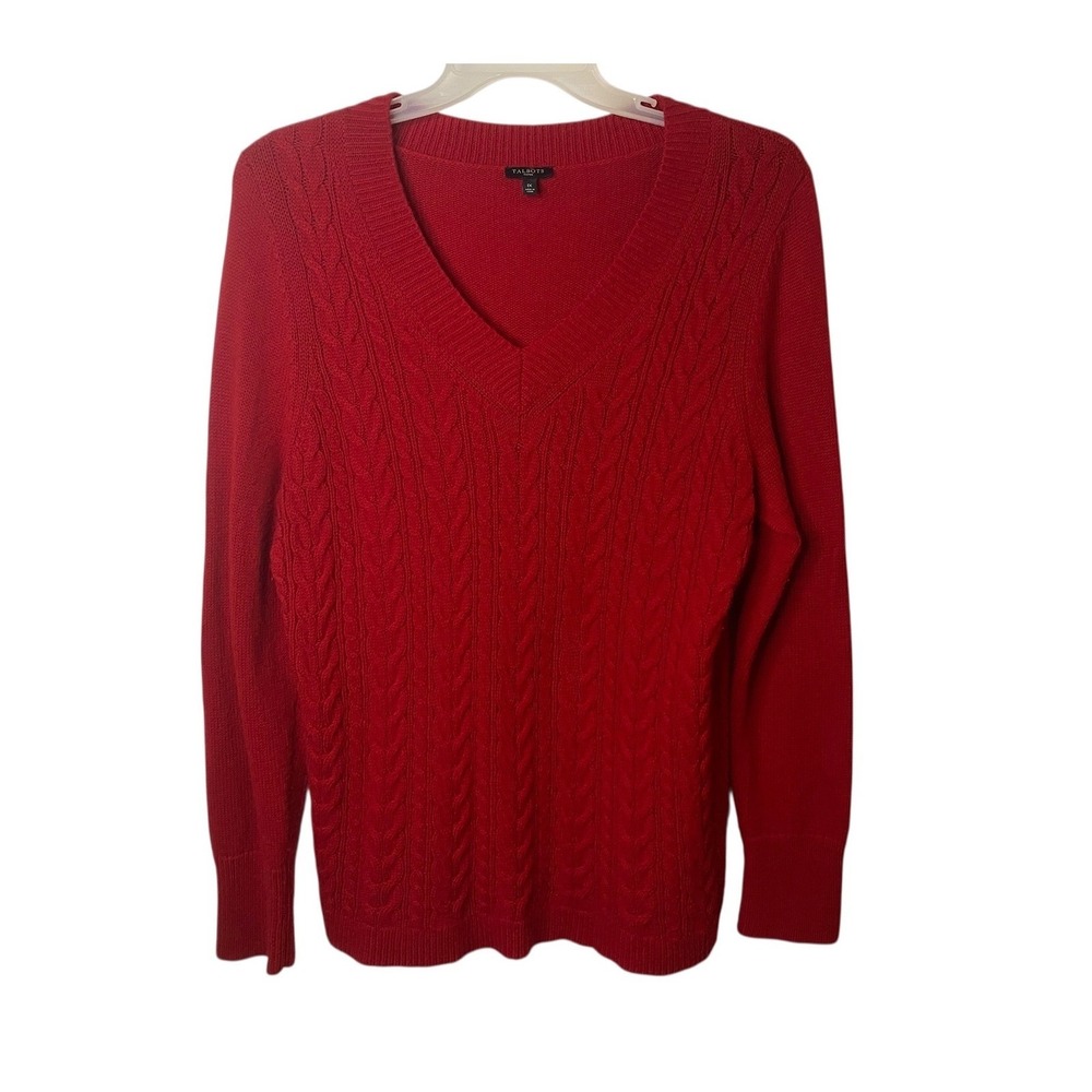 Talbots Woman Red Cable Knit Pullover Sweater Size 1X Lambswool Blend V-Neck